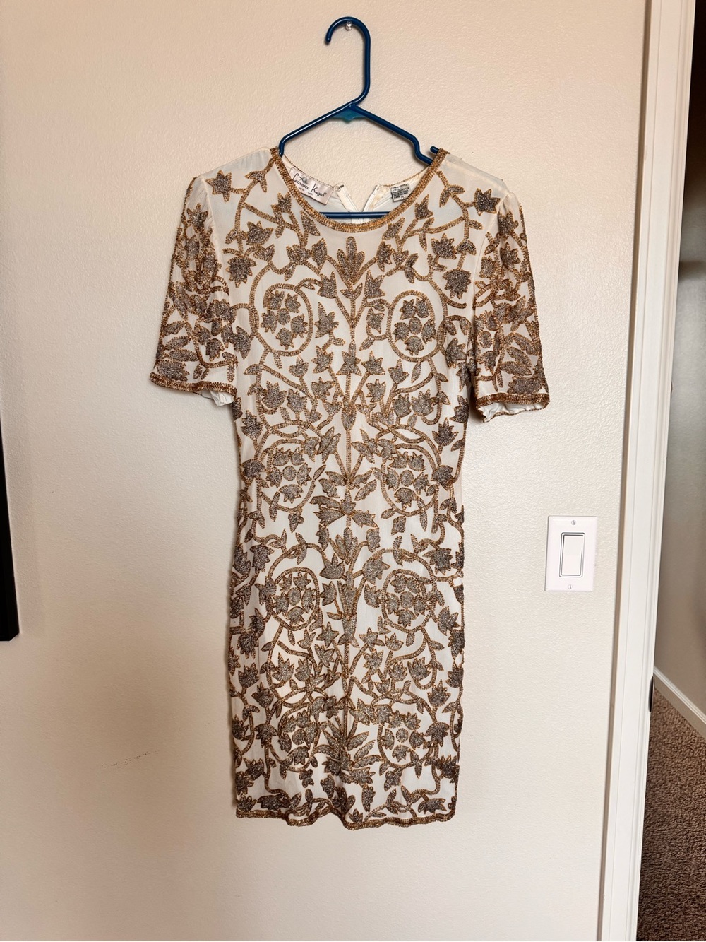 Laurence Kazar Ivory Sheath Dress with Gold Embellishment